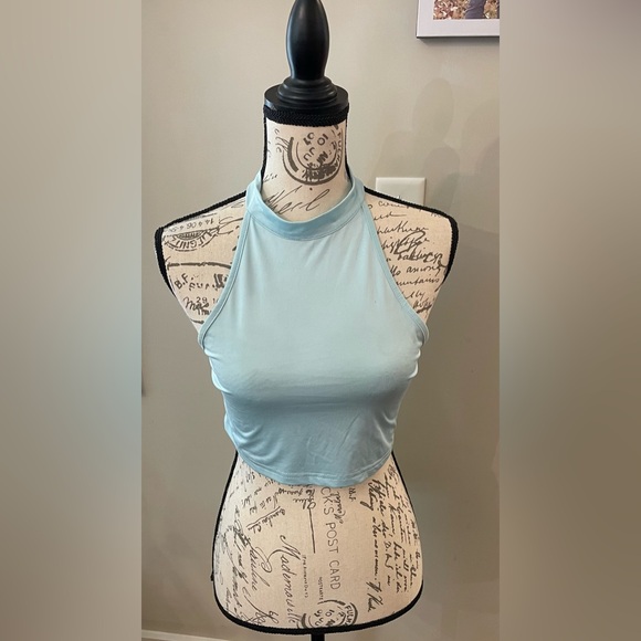 Sky Blue Silky Stretch Halter Women’s Backless Crop Top By “Chic Me” Size XL - Picture 7 of 8